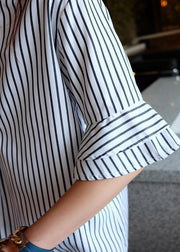 French striped Cotton quilting dresses o neck Ruffles Midi Dress - SooLinen