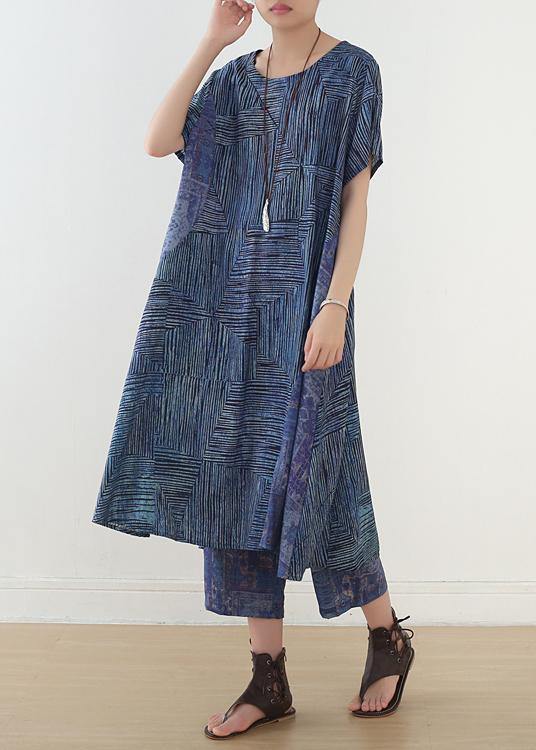 French two pieces linen clothes Shape blue asymmetric striped straight pants summer - SooLinen