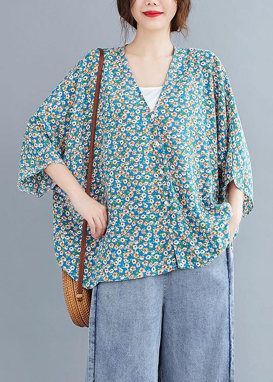 French v neck Batwing Sleeve Blouse Shirts blue floral blouse - SooLinen