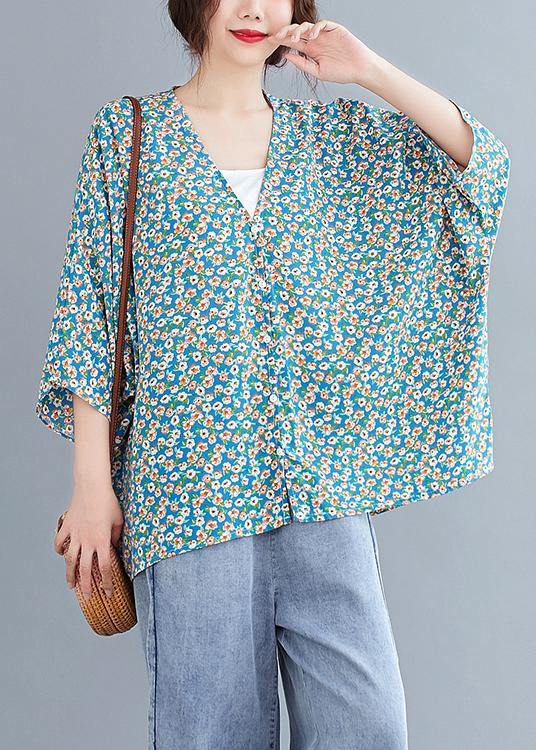 French v neck Batwing Sleeve Blouse Shirts blue floral blouse - SooLinen