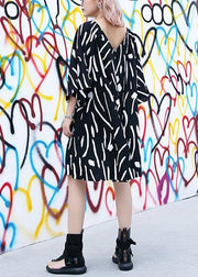 French v neck Cotton Tunics pattern black striped Dresses summer - SooLinen