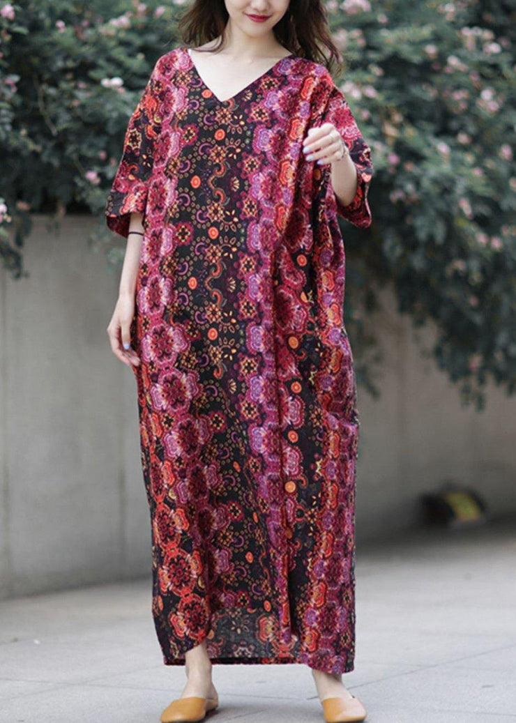 French v neck baggy cotton clothes Catwalk floral loose Dresses - SooLinen