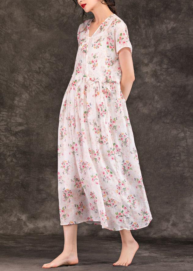 French v neck drawstring linen Robes Tunic Tops pink print Dress summer - SooLinen