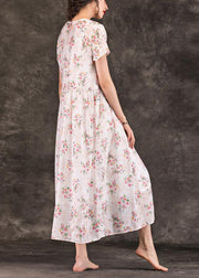 French v neck drawstring linen Robes Tunic Tops pink print Dress summer - SooLinen