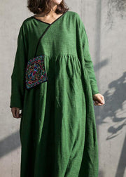 2021 French Green v neck embroidery cotton linen Dress summer - SooLinen