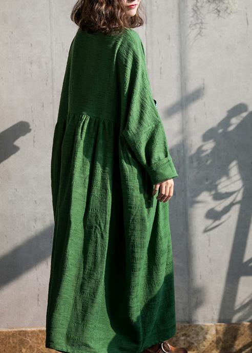 2021 French Green v neck embroidery cotton linen Dress summer - SooLinen