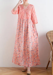 French v neck half sleeve linen summer clothes For Women pink floral Dresses - SooLinen