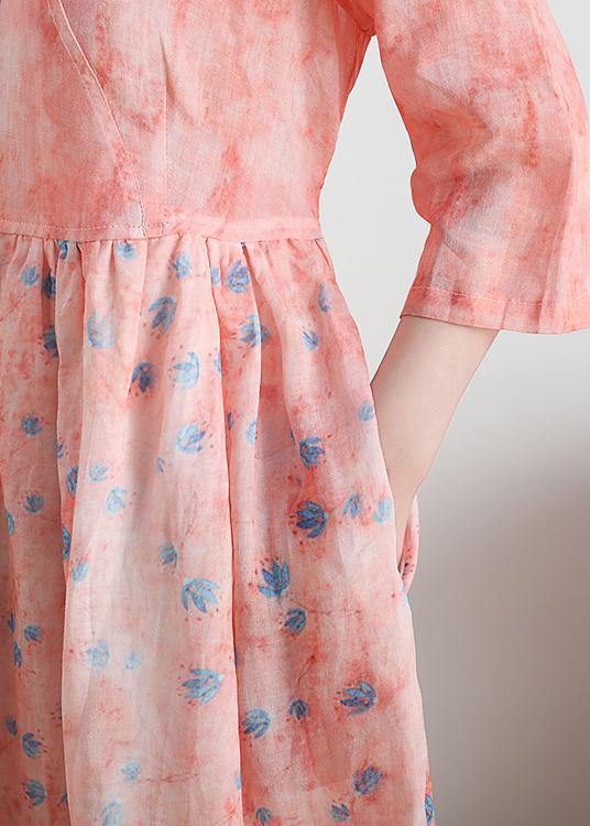 French v neck half sleeve linen summer clothes For Women pink floral Dresses - SooLinen