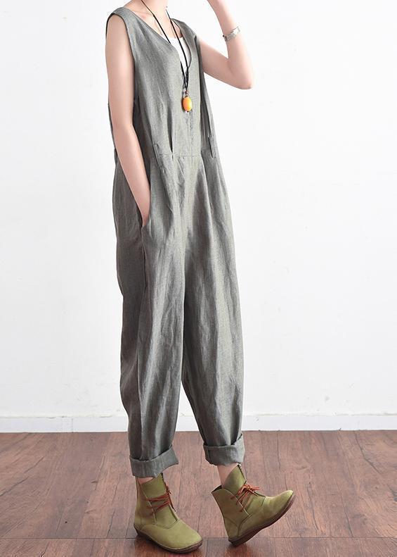 French v neck jumpsuit pants linen clothes Plus Size Outfits gray daily summer
