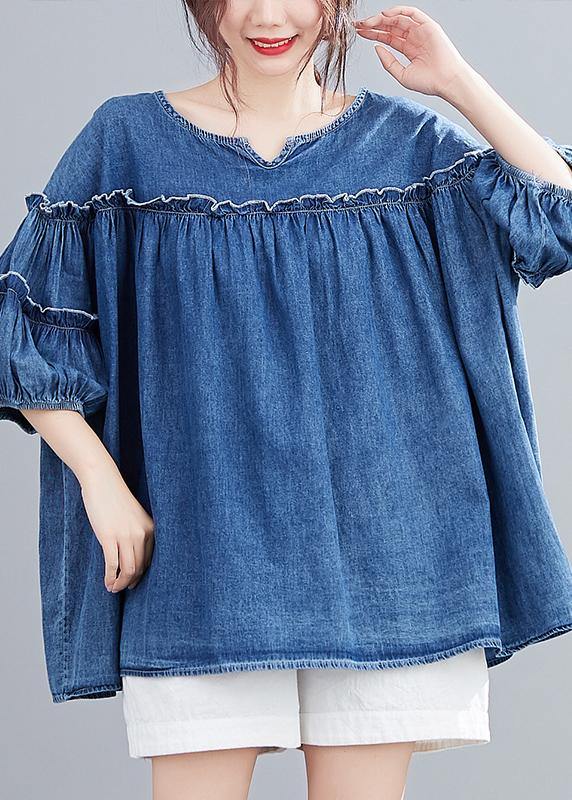 French v neck lantern sleeve cotton summer top Outfits denim blue shirts - SooLinen