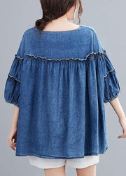 French v neck lantern sleeve cotton summer top Outfits denim blue shirts - SooLinen