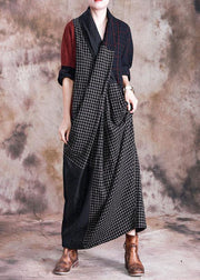 French v neck linen Long Shirts pattern plaid patchwork Dress fall - SooLinen