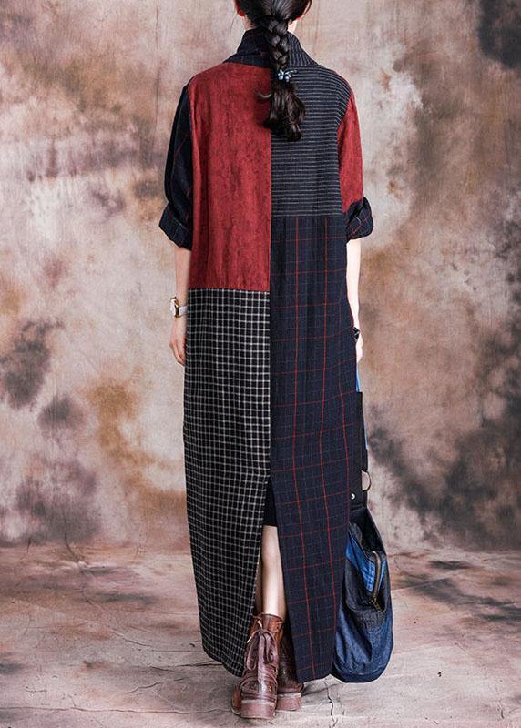 French v neck linen Long Shirts pattern plaid patchwork Dress fall - SooLinen
