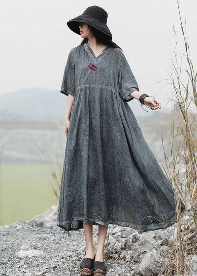 French v neck linen clothes For Women Catwalk gray Dress summer - SooLinen