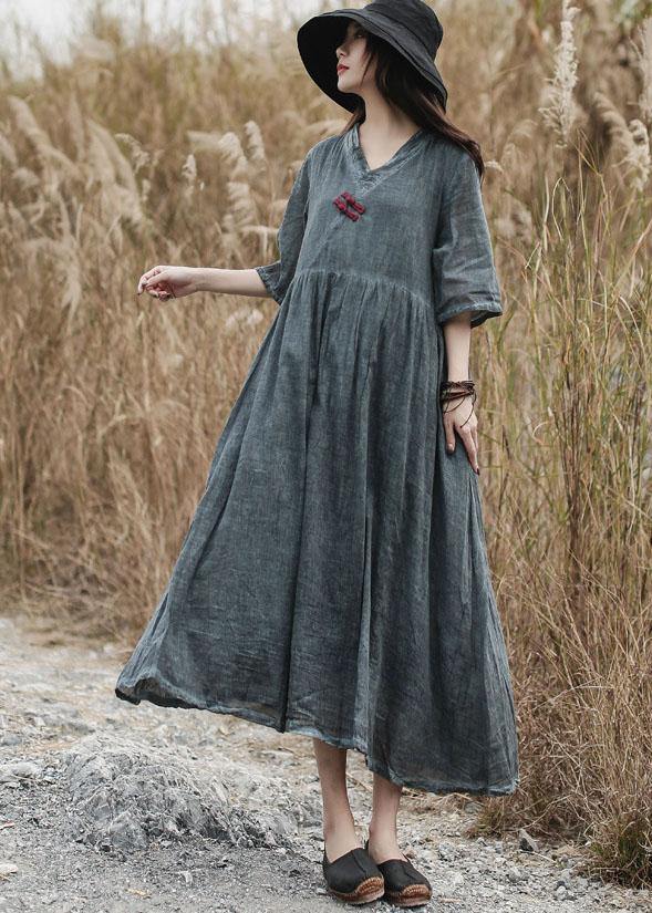 French v neck linen clothes For Women Catwalk gray Dress summer - SooLinen