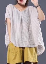 French v neck linen tunic pattern Sleeve white striped shirt summer - SooLinen