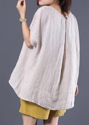 French v neck linen tunic pattern Sleeve white striped shirt summer - SooLinen