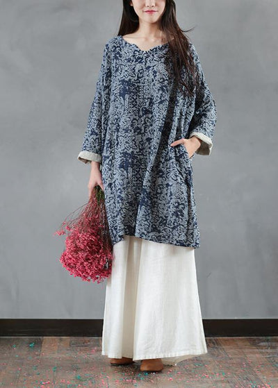 French v neck long sleeve fall tunic pattern Tutorials blue print Dress - SooLinen