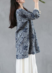 French v neck long sleeve fall tunic pattern Tutorials blue print Dress - SooLinen