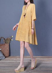 French v neck low high design linen summer dresses Shirts yellow Dress - SooLinen