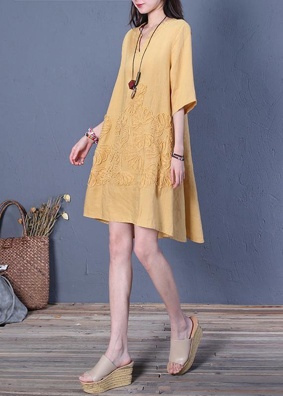 French v neck low high design linen summer dresses Shirts yellow Dress - SooLinen
