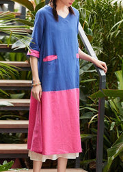 French v neck patchwork linen clothes For Women blue print Dress summer - SooLinen