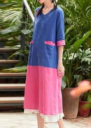 French v neck patchwork linen clothes For Women blue print Dress summer - SooLinen
