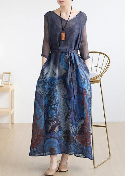 French v neck pockets linen summer outfit Fabrics blue print Dress - SooLinen