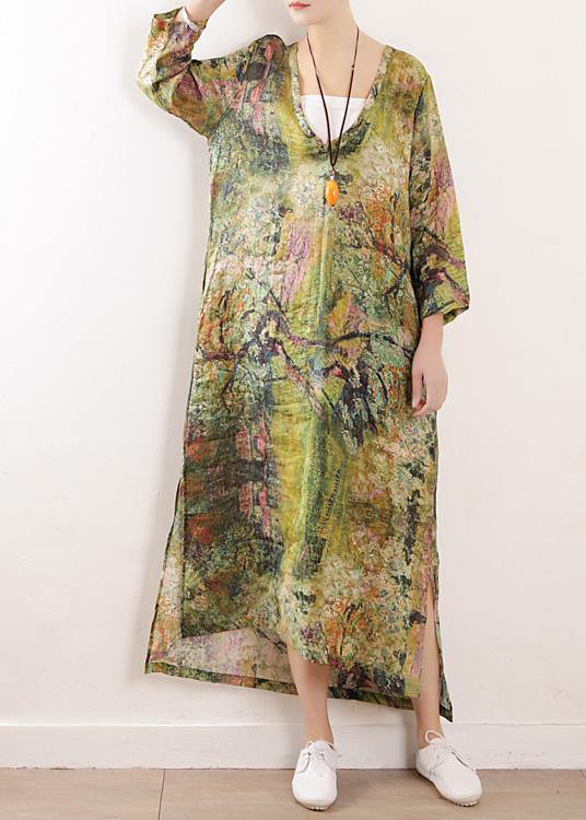 French v neck side open linen clothes For Women Photography green print Dress - SooLinen