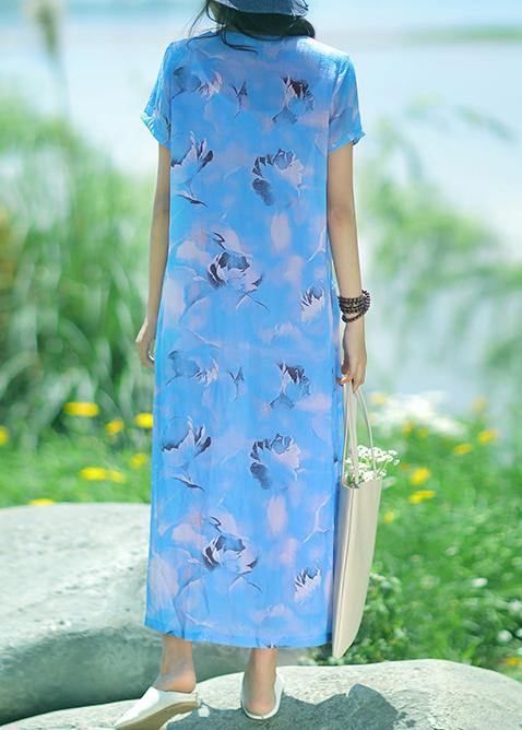 French v neck side open linen dresses Fashion Ideas sky blue Dresses summer - SooLinen
