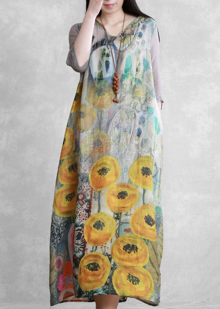 French v neck tie waist  clothes Photography yellow print Dress - SooLinen