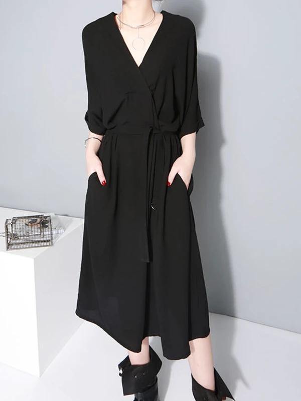 French v neck tie waist cotton clothes For Women Neckline black Robe Dresses - SooLinen