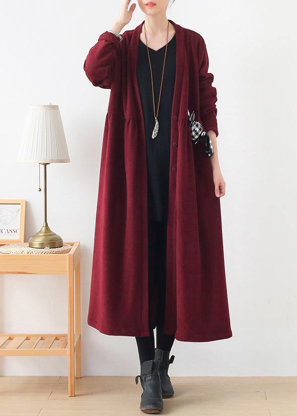 French v neck Cinched Plus Size clothes For Women burgundy box women coats - SooLinen