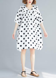 French v neck Cinched Tunics Shirts white dotted Dress summer - SooLinen