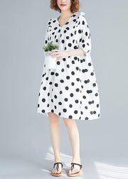 French v neck Cinched Tunics Shirts white dotted Dress summer - SooLinen