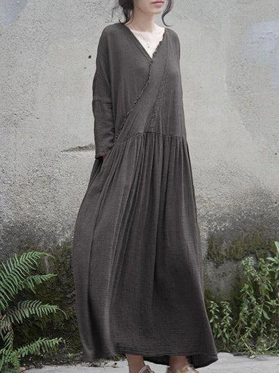 French v neck Cinched cotton linen dress Tutorials gray Dress - SooLinen