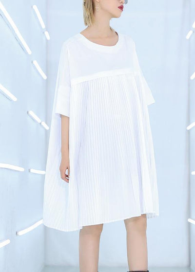 French white Cotton dresses Fine Work Outfits o neck Cinched Midi Summer Dress - SooLinen