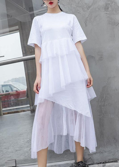 French white cotton Tunic patchwork tulle Robe summer Dresses - SooLinen