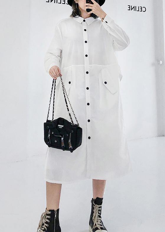 French white cotton shirt dress pattern pockets patchwork Maxi lapel Dress - SooLinen