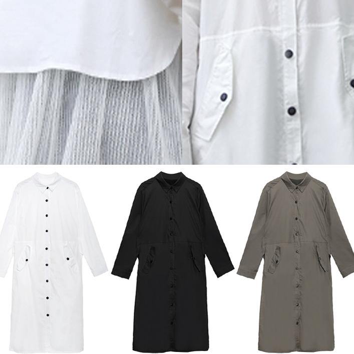 French white cotton shirt dress pattern pockets patchwork Maxi lapel Dress - SooLinen
