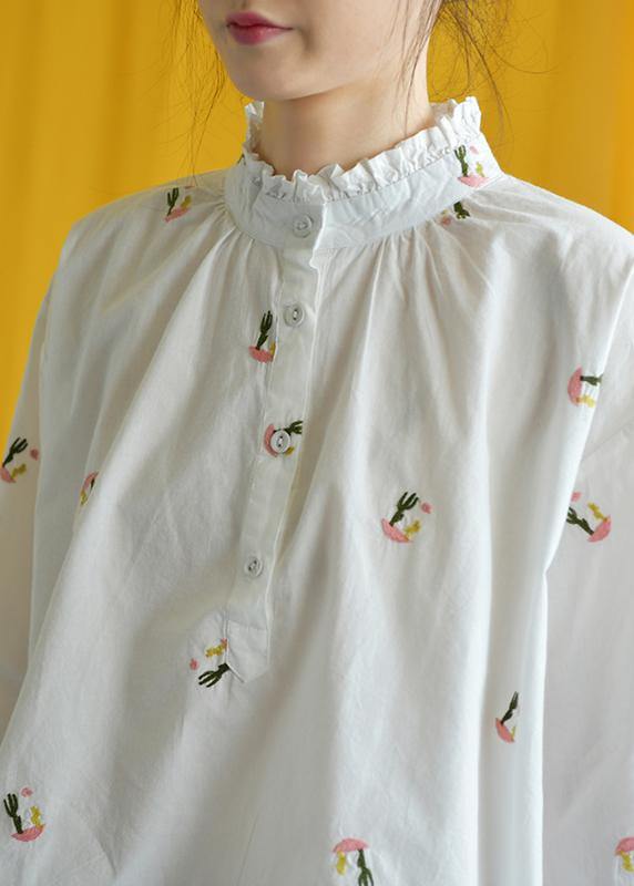 French white embroidery cotton crane tops stand collar Knee fall tops - SooLinen