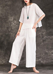 French white linen blouses for women o neck half sleeve Art summer shirts - SooLinen
