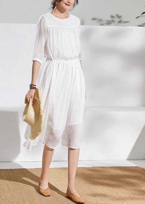 French white linen clothes For Women o neck half sleeve Midi summer Dress - SooLinen
