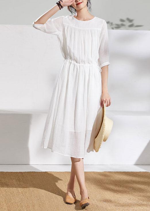 French white linen clothes For Women o neck half sleeve Midi summer Dress - SooLinen