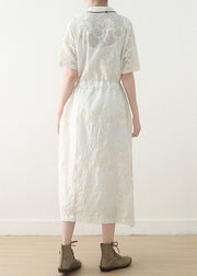 Französisches weißes Leinen Outfit feine Inspiration Stickerei Stehkragen Kleider Sommerkleid