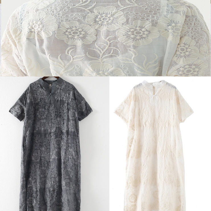 Französisches weißes Leinen Outfit feine Inspiration Stickerei Stehkragen Kleider Sommerkleid