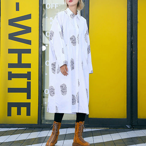 Französischer weißer Druck Baumwollkleidung Damen Feine Nähte Taschen Midi-Hemdkleider