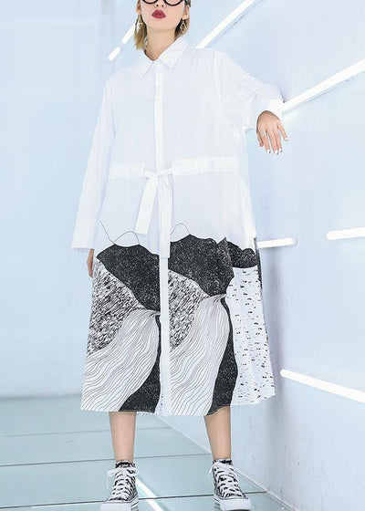 French white print cotton clothes Women lapel patchwork loose Dress - SooLinen