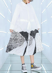 French white print cotton clothes Women lapel patchwork loose Dress - SooLinen