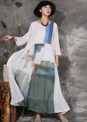 French white prints linen Wardrobes patchwork long autumn Dresses - SooLinen